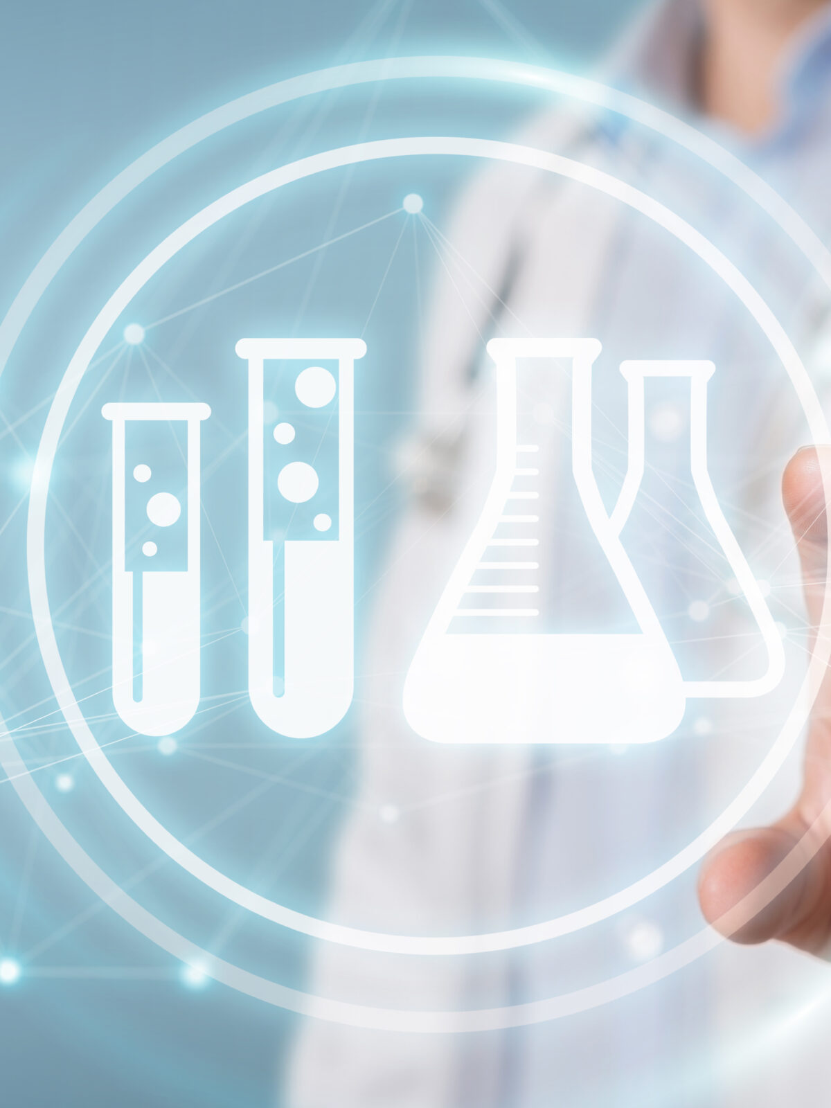 Doctor on blurred background holding digital analysis result icons 3D rendering
