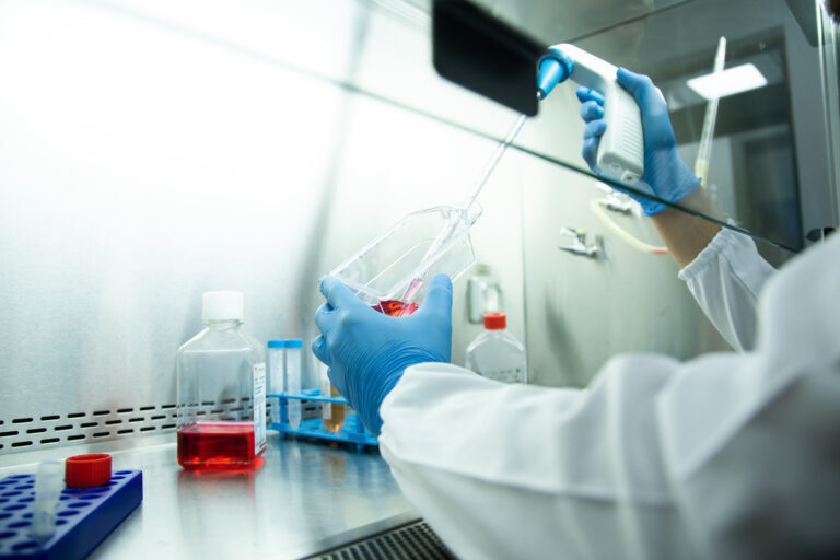 Scientist running recombinant antibody expression in XtenCHO cell culture.